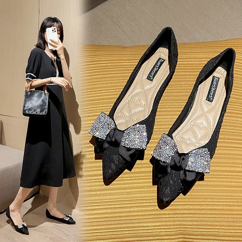 pearl with glitter bow 982d2 flat shoes woman designer tassel cloth ballet flats silk bowknot moccasin women pointy loafers New big size43