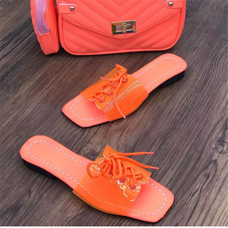 candy fluorescent color flat lace up pvc flip ps 2023 summer 41-43 plus size beach New slippers women sandalias