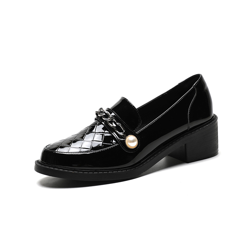 japanned 5396b plaid leather oxford shoes woman metal chains pearl buckle brogues weaved pattern thick heel derby flats women loafers