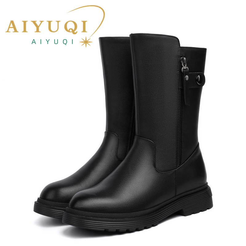 AIYUQI Women Boots Large Size Non-Slip Genuine Leather Women Half Boots Natural Wool Winter MomWomen Half Boots