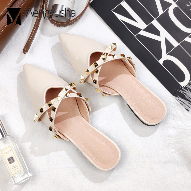 Women's Leather Sandals with Belt Strap - Casual Slip On hot New Slides, Closed Toe, Studded, Comfortable