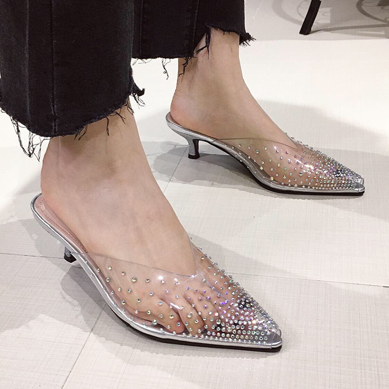 Netcelebrity Transparent crystal peep toe slingback woman pumps gold/silver slip on slides clear thin high heels shoes women2020