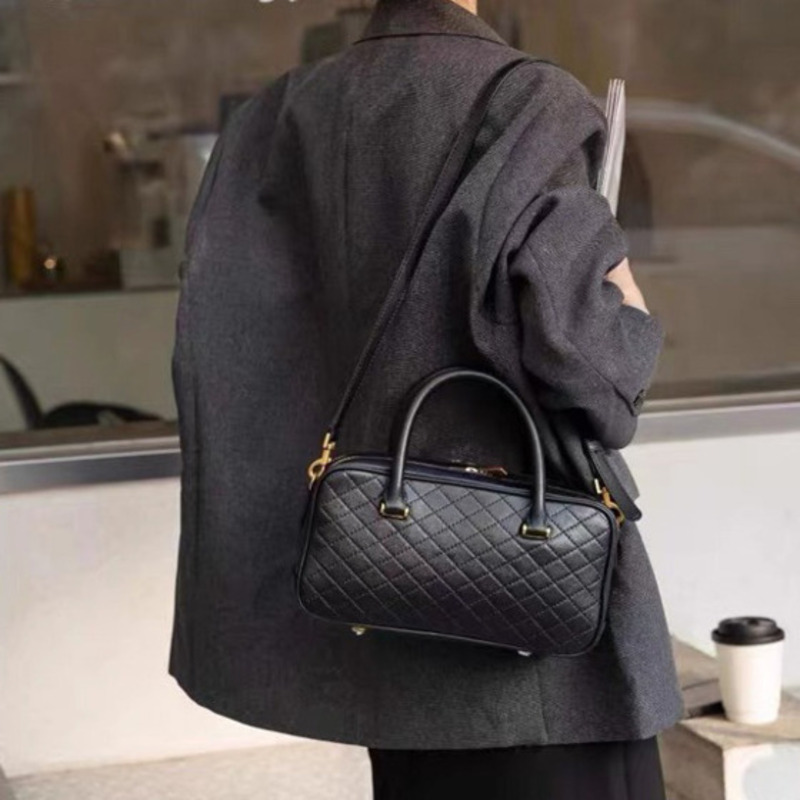 YS 2024 Genuine Leather HigH-capacity Boston Bowling DiamonD Grid Women's Bag, Deluxe One Shoulder Carrying Crossbody Bag