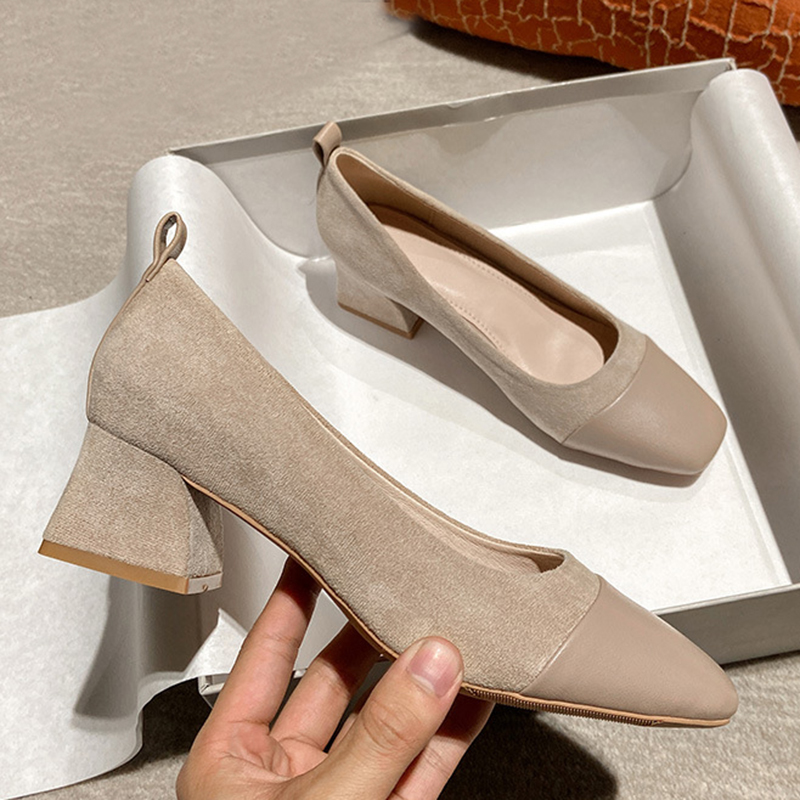 2025 new women Suede 0d31c Patchwork Leather pumps square toe thick high heels OL shoes woman atos mujer elegantes con tacones bos 2023 taes