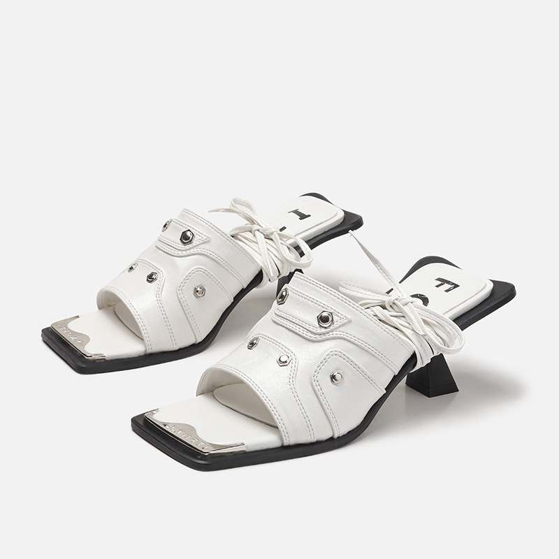 Fashion Sandals High-heeled eb Summer Women Slippers New Leather Gladiator Rivet High Heels Square head Casual Lady Ankle Strap