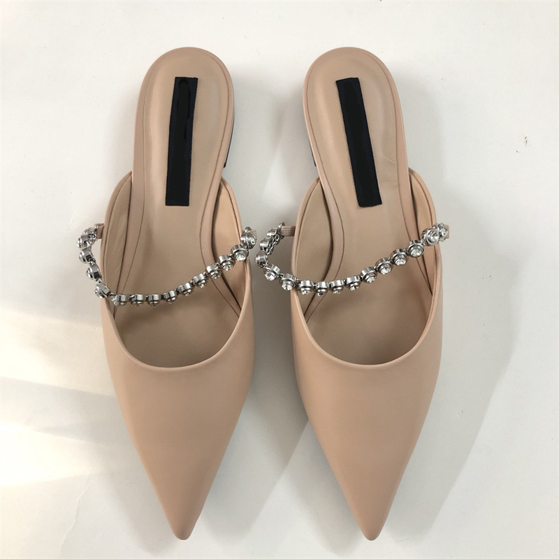 new designer pointed toe mirror silver leather slippers women crystal band summer shoes outdoor slides low heel mules sandalias
