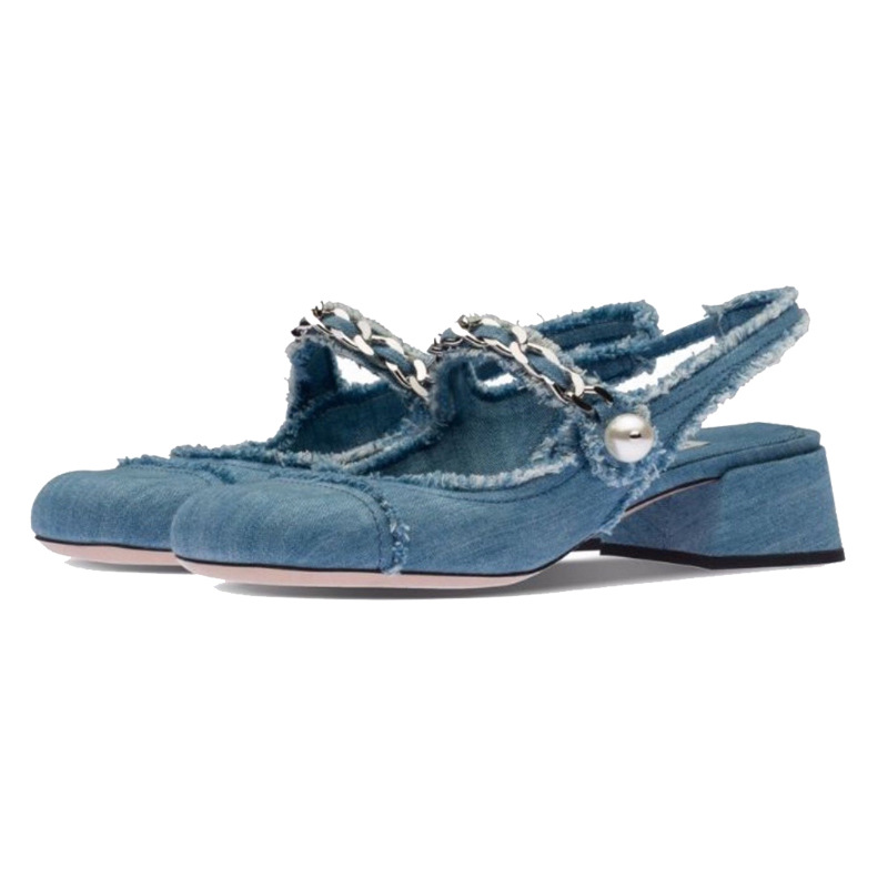 blue denim cloth sandals metal chains summer shoes woman square toe med-high heels jeans sandalias mujer 2024 mary janes shoes