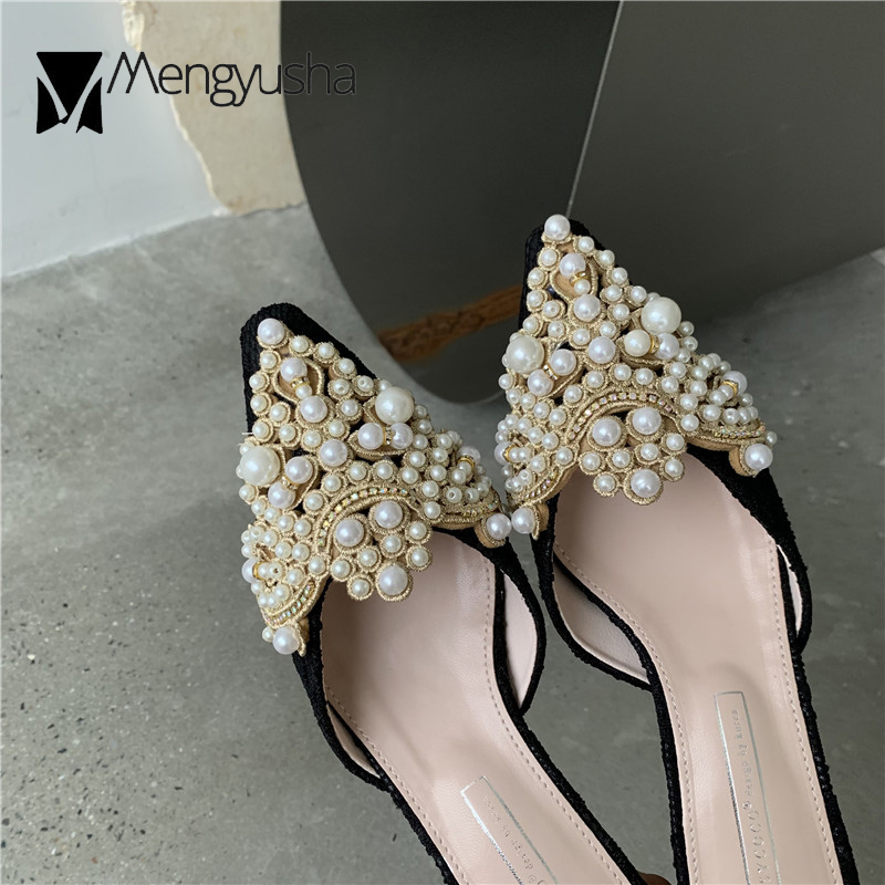Lace French Cover Toe Slides Woman String Beading Flip Ps Pearl Shoes Ladies Summer Quality Med-High New Heels Mules Travel Slippers