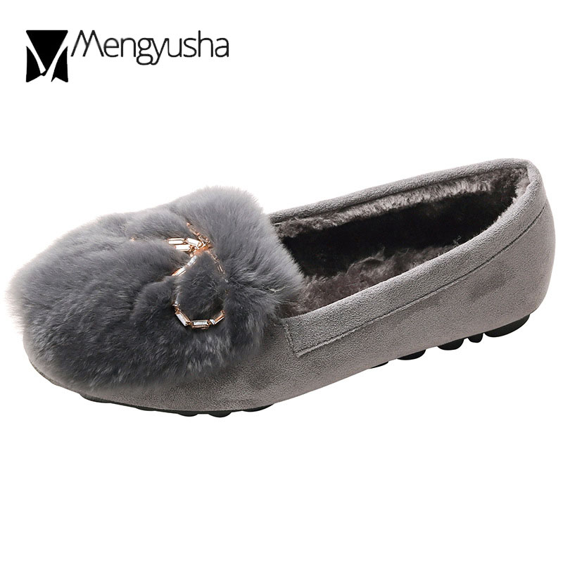 Woman Real rabbit fur c896e flats crysatl metal bow-knot furry moccasins warm plush ladies winter shoes big size 35-43 cotton loafers ry