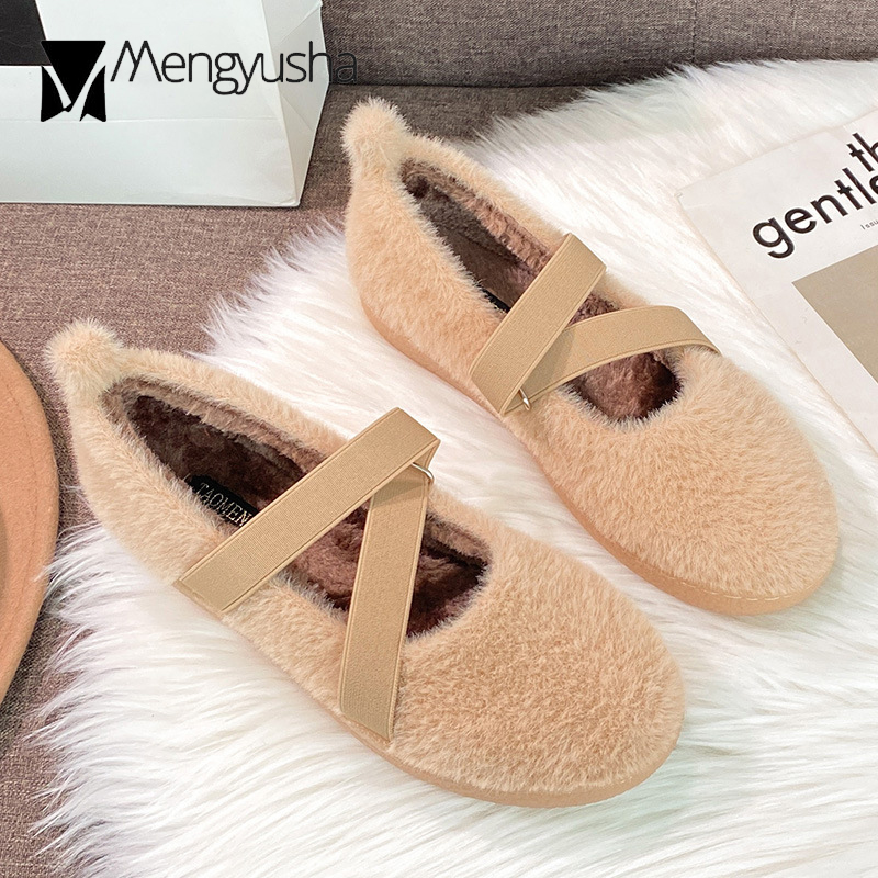 32fb0 White Fur Fluffy Moccasins Women Big Size Shoes 42/43 Winter Plush Cotton Flats Warm Delicate Girls Elastic Band Ballets Loafers