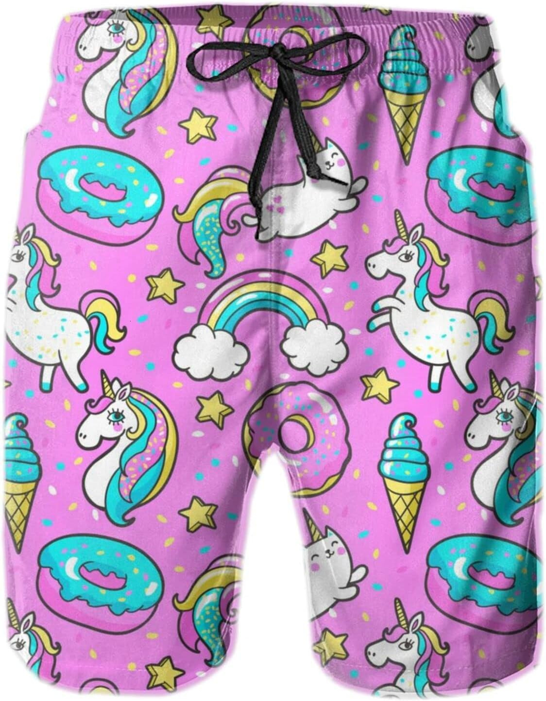 Mens Shorts 3D Printed Pattern Rainbow Donut Swim Trunks Quick Dry Fashion Beach Board Swimwear