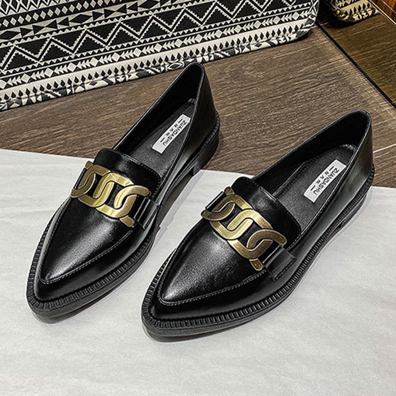 Brand Metal Chain Oxfords Shoes Women 2023 Loafers Soft Leather Flats Ladies Pointed Toe Small Heels Moccasins Big Size Sneakers