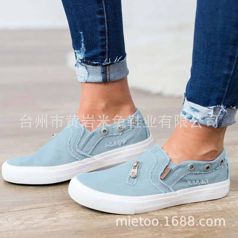 2025 NEW Slip ons Women s Denim Canvas Zip Loafers Solid Color Casual Fashion Light Ladies Board atos De Mujer Platform Sneakers b