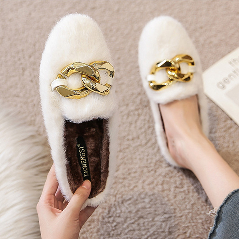 Plush Winter Cotton Slippers Women Home Shoes Large Big Chains Loafers Ladies Comfy Fur Slides Flip ps Female Antiskid Mules
