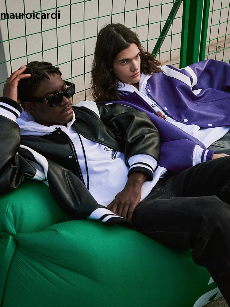 Men's Jackets Mauroicardi Spring Autumn Cool Loose Purple and White Patchwork Pu Leather Bomber Jacket Men Zipper Clothes 240820