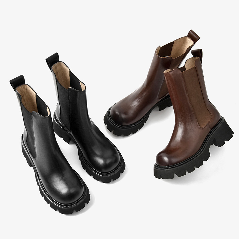 Ankle BeauToday Boots Platform Women Calfskin Leather Round Toe Elastic Band Thick Sole Ladies Shoes Handmade 02396 c278
