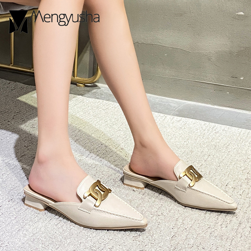 Plus Size 41/42 Women Metal Chain Slippers Square Low Heels Mules Ladies Sewing Shoes Summer Closed Pointed Toe Slides Sandalias