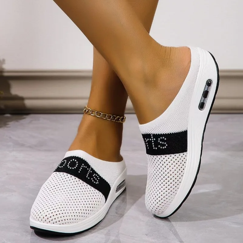 2024 New Women Mesh Flat Shoes Half Thick Bottem Slip on Casual New Sandals Breathable Slides Slippers d574 pers