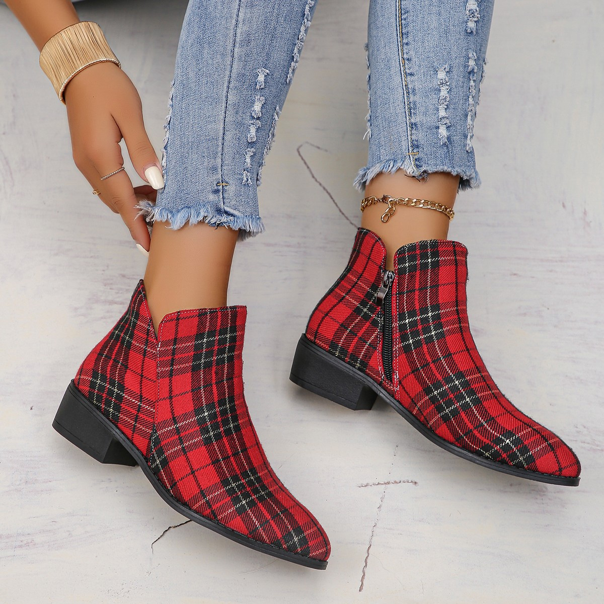 Ankle 2024 Women's Christmas Print Zipper Retro Red Plaid Boots Outdoor Platform Shoes Classic Side Booties d7db