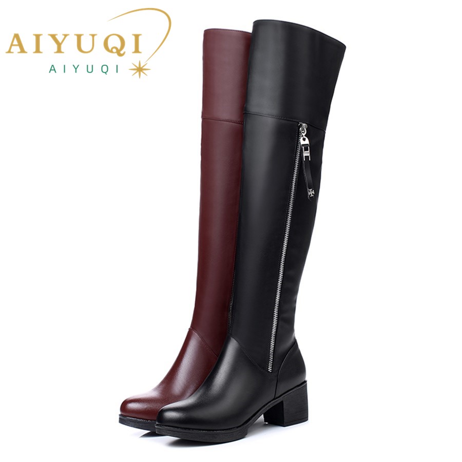 AIYUQI Women Over Knee Boots Genuine Leather Thick Thin Velvet Large Size Long Boots Fashion High Heel Women Thigh High Boots