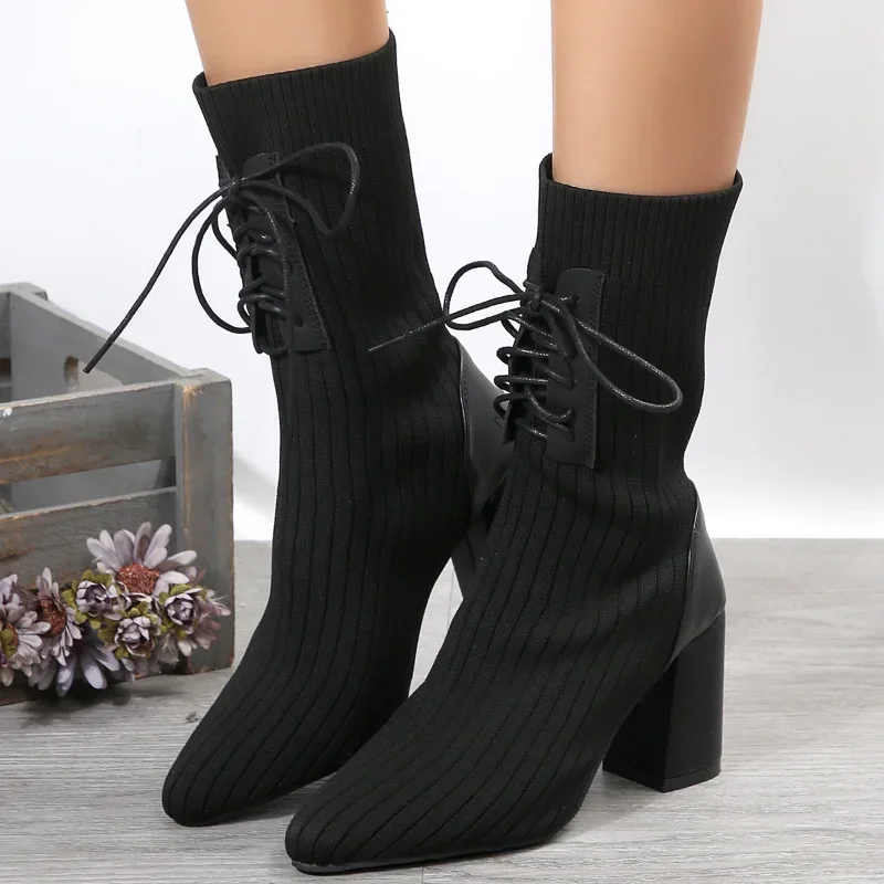 Knit Soc Shoes Stretch Fabric Women Ankle Pointed Toe High Heels Slip-On Sock Heeled Boots Size 43 4