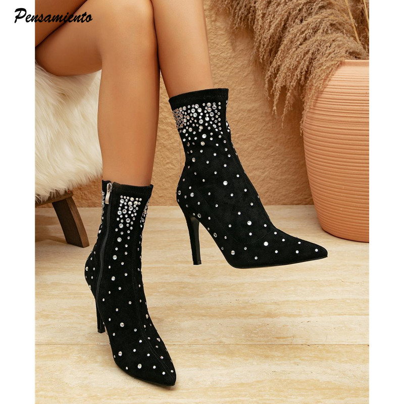 Fashion Rhinestones Stretch Flock Women Ankle Boots Elegant Stiletto High heels Autumn Winter Sock Boots Shoes Botas De Mujer