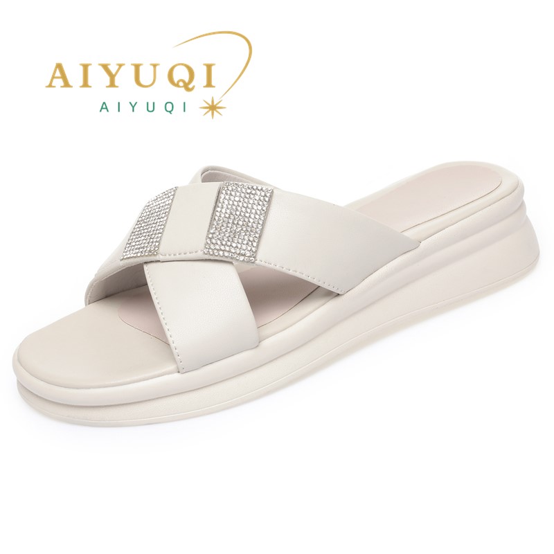 AIYUQI Women's Slippers Summer 2024 New Genuine Leather Women's Slippers Wedge Large Size Slippers Ladies