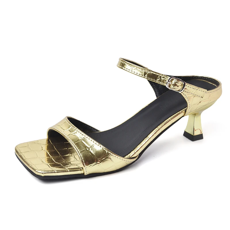 Crocodile Elegant Gold Sier Mule Slippers Woman Square Toe Low Heel Sandals Ladies Summer Slip-on Buckle Dress Shoes c256