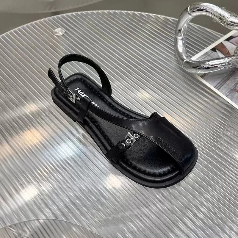Summer 2024 New Baotou New Hollow Soft Leather Flat One Word Buckle Casual Fashion Women Platform Sandals 450c