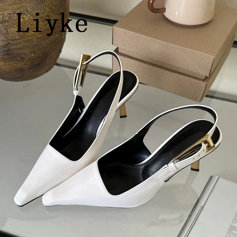 Liyke Designer Narrow Band Buckle Strap Pumps Women Sexy Pointed Toe Thin Heels Wedding Banquet Dress Mule Ladies Shoes Sandals