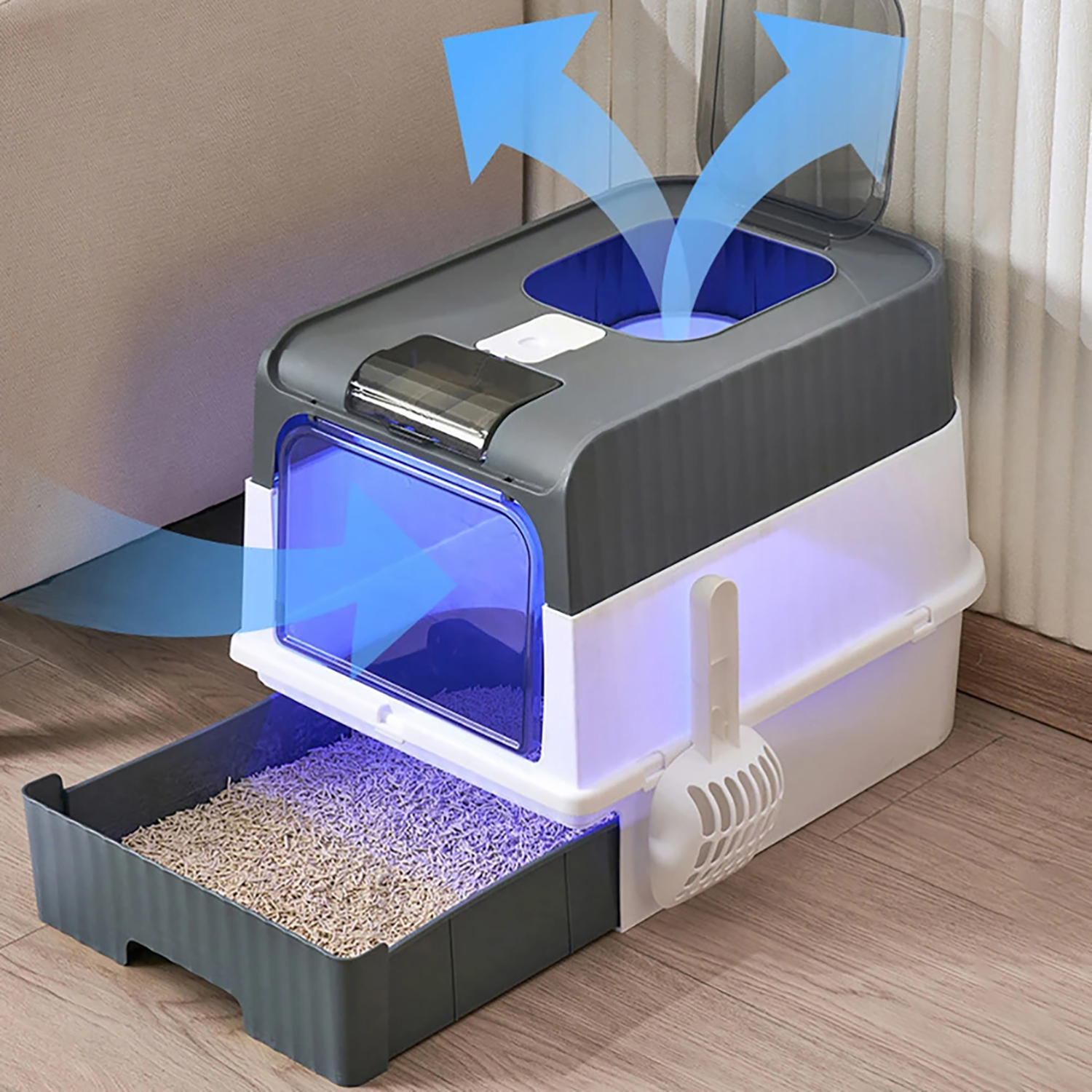 Cat Litter Pan Fully Enclosed with UV Light Top-Out Splash-Proof Pet Litter Box and Scoop Set Sterilizing and Odor-Resistant