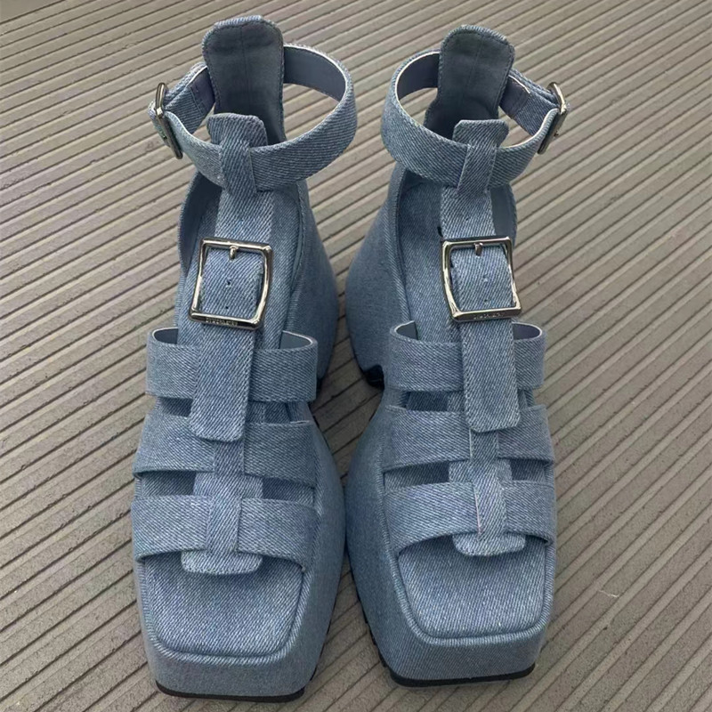 Buckles Wedge Denim Sandals Platform High Heel Rome Summer Sandalias T-strap New Ankle Wrap Cross Weave Heeled Shoes Designer Heels ed s