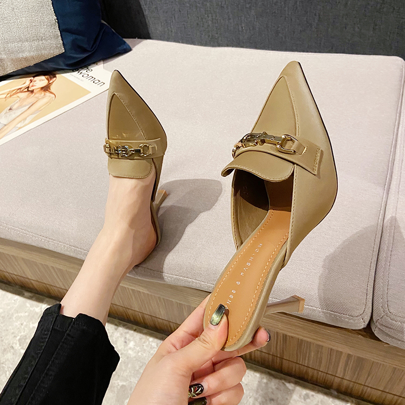 New Snake Print Woman Pumps Slipper Fashion Gold Chain Sandal Shoes Ladies Pointed Toe Slip on Mules Thin Low Heels Slides