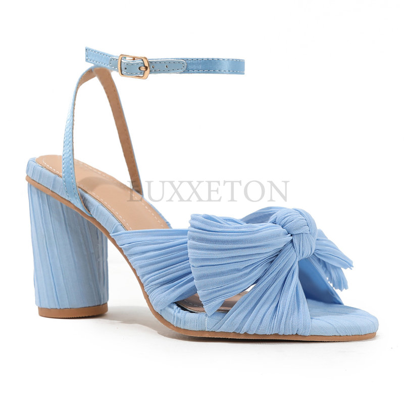 Fashion Summer Solid Sandals High Chunky Heels Open Toe Big Size 46 Butterfly Knot Elegant Weeding Party Women Shoes