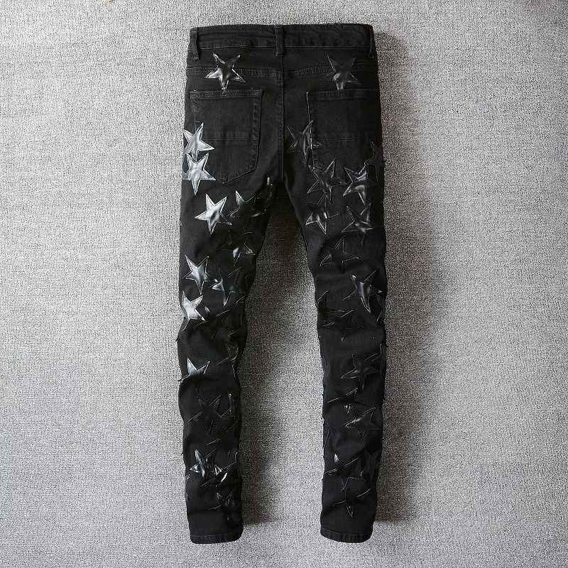 Men's Jeans Mens leather star patch jeans black stretch denim pencil pants ultra-thin patch work clothes J240830