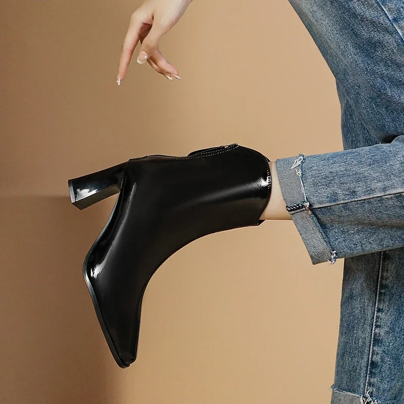 Heel Thick Pointed Women Ankle Boots Patent Leather High Quality Single Shoe Design Autumn New British Style Women's Shoes 6fc2 's s