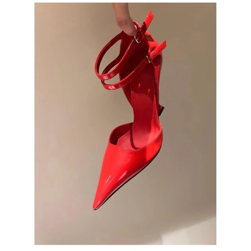 Pointed Red Sandals with Wedge Women's New Summer New Leather High Heeled Elegant Shoes for Women 2024 3ca5