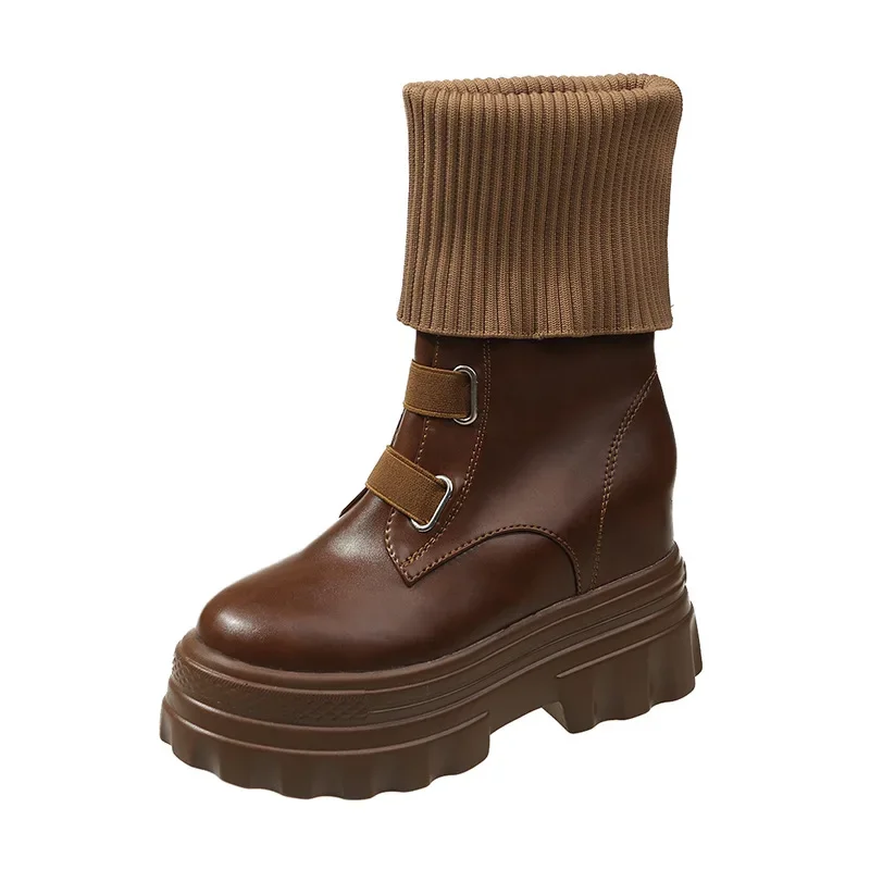Platform Women Gothic Elastic New Band Wedges Boots Frosted Leather Thick Sole Punk Internal Increated Short Botas Mujer