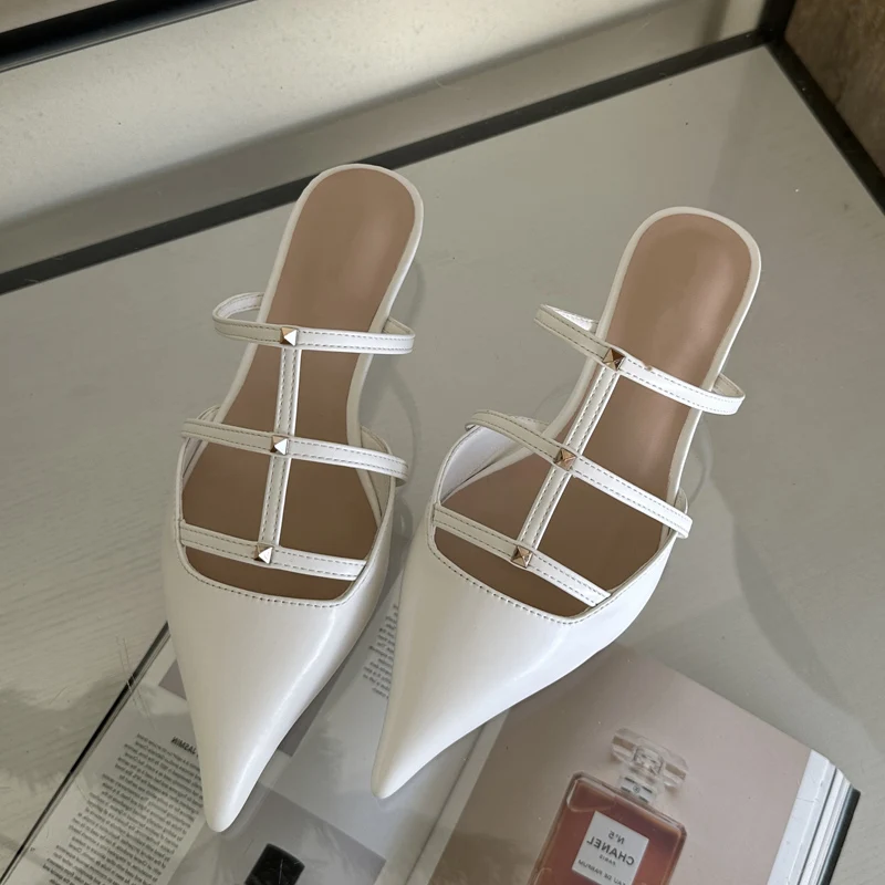 Eilyken New Design Rivet Pointed Toe Women Pumps Summer Narrow Band Low Heels Banquet Party Shoes Ladies Slippers 00d1