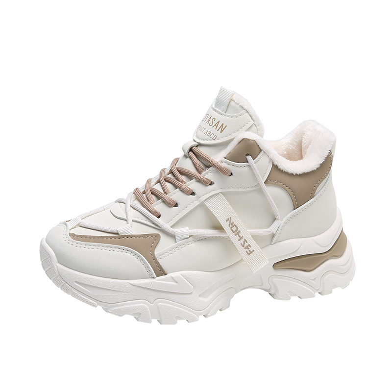 Winter Plus Veet Dad for Women's Korean Version Warm High-top Lace Up Sneakers Ladies Casual White Cotton Shoes