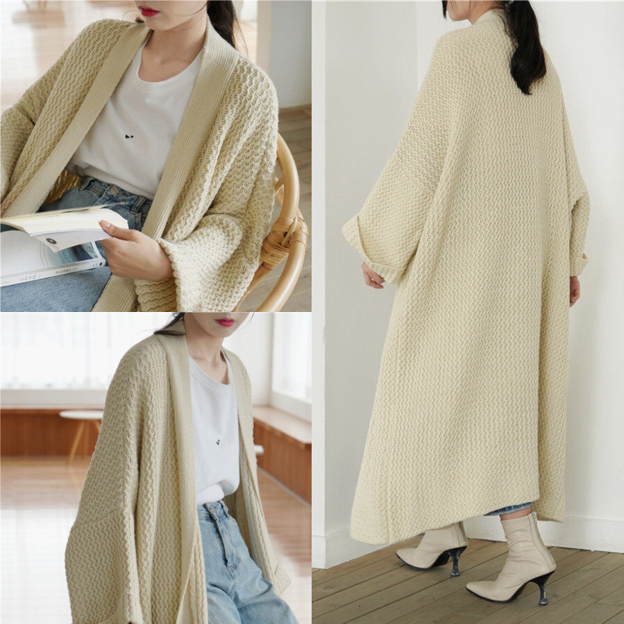Autumn and winter loose long knitted cardigan jacket, women's lazy style, over the knee thick thread, plus size temperament sweater