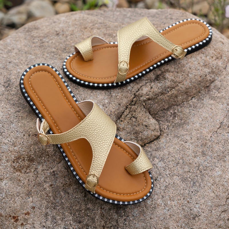 Solid 2024 Leather for Women Peep Toe Ladies Casual Slides Female Buckle Strap Beach Slippers Flat Shoes 4c35