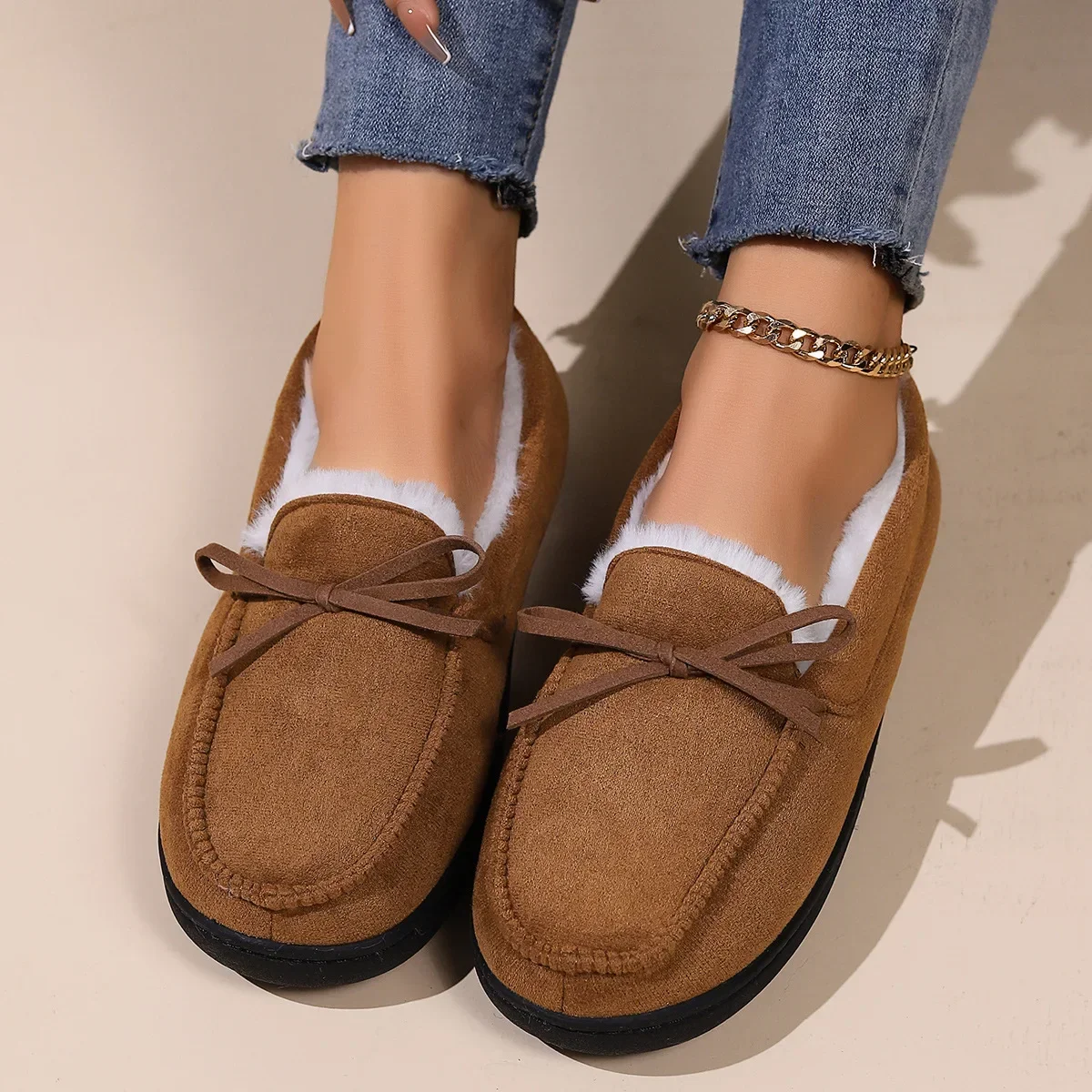 Winter 2024 Fur Flats Plus Pregnant Women Soft Cotton Shoes Non-slip Warm Plush Loafers Size 45 d204 h