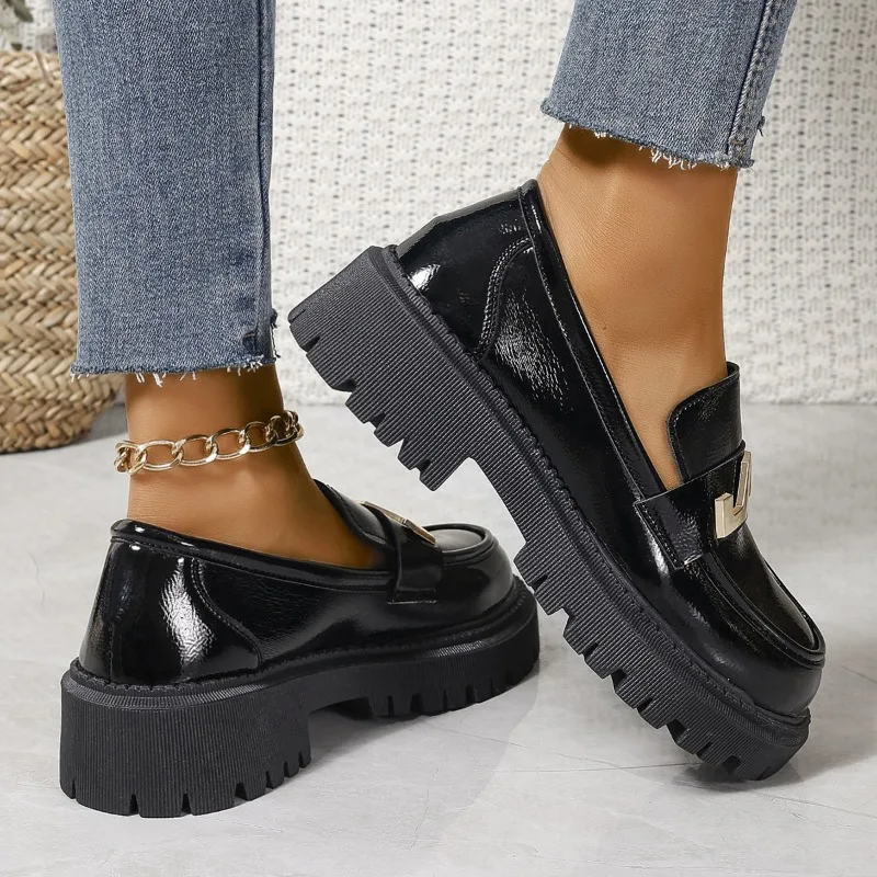 Women New for Spring Loafers Ladies Thick Sole Slip on Flats Leather Platform Casual Buckle Shoes Female atos De Mujer Platm
