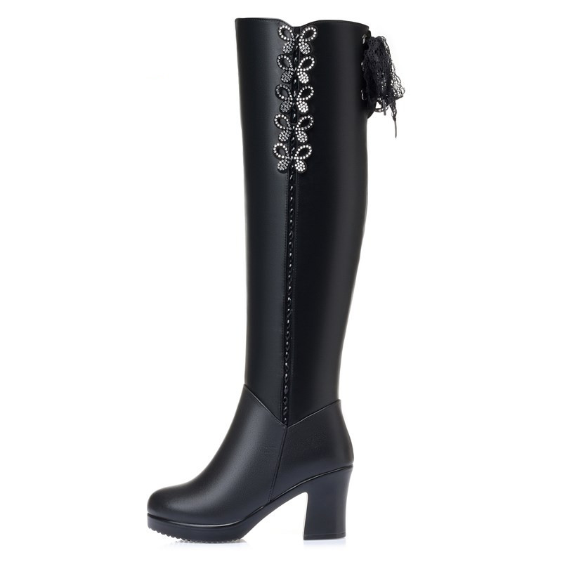 Thigh High Boots Women Winter Genuine Leather High Heel Fashion Women Over The Knee Boots Wool Warm Motorcycle Boots Women