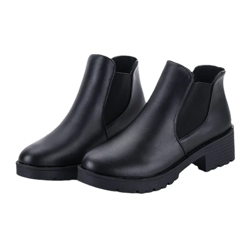 Ankle Fashion Women's Round Toe New Style Soft Leather Black Boots Casual Low Heel Shoes Slip-on atos Mujer 2024 92e9
