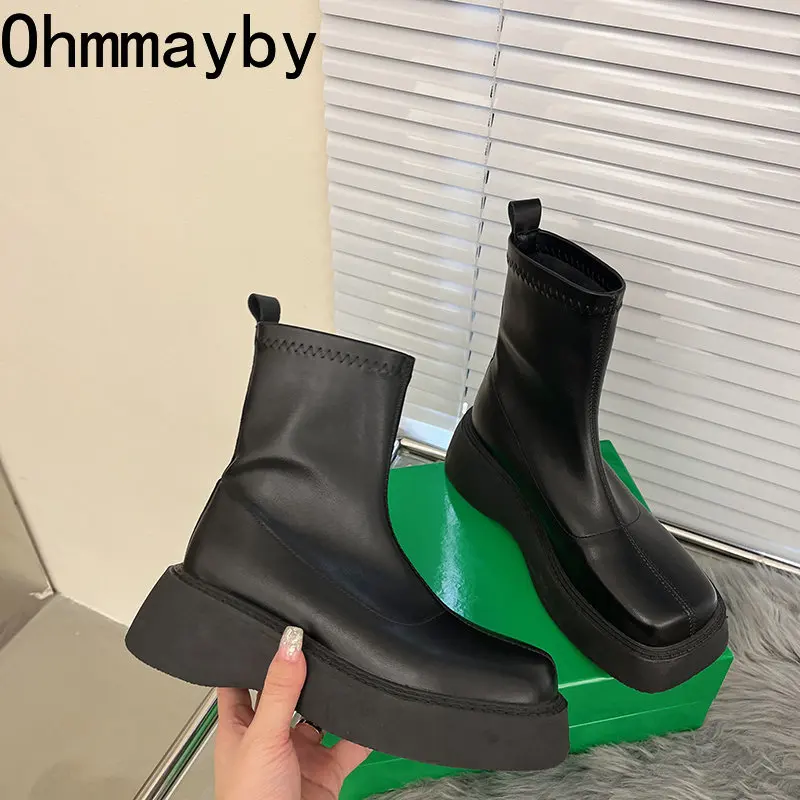 Chunky Winter For Women Square Toe Shoes Fashion Slip On Platform Thick Sole Short Boots 2024 Ladies Ankle Booties 2907