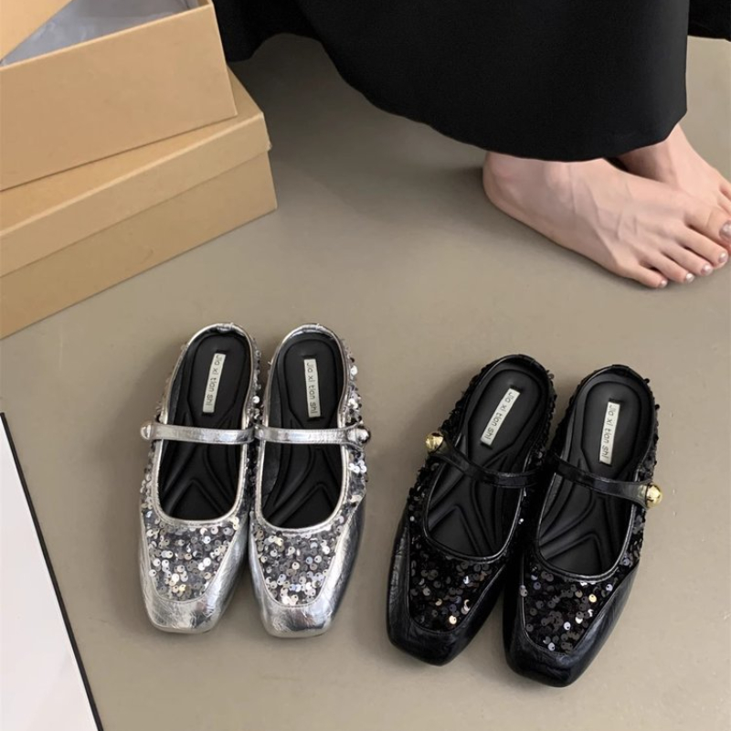 Mules Women Crystal Slippers Summer Fashion Sgback Dress Walking Flip ps Outdoor Designer Flats Mary Jane Square Toe Shoes d9b4