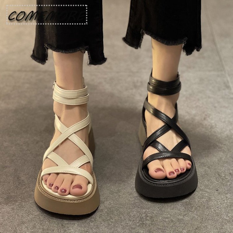 Women's Sandals Platform High-heeled Black Green Casual Shoes Hollow Out Female Roman Open Toe Buckle Strap PU Sandals 2024 New