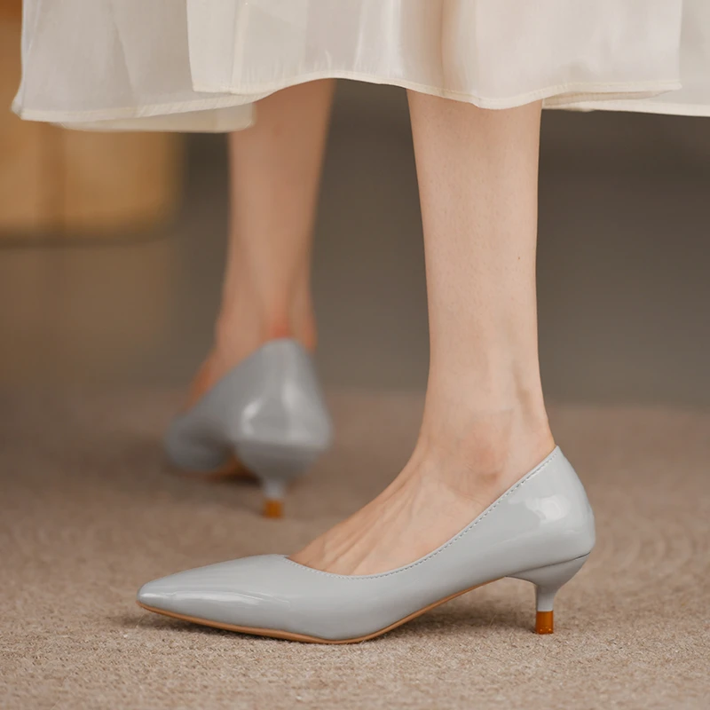 Grey Patent Leather Low Heels Stiletto Women Simple Comfort Work Shallow Mouth Pointed Casual Shoes Fashion Pumps c097